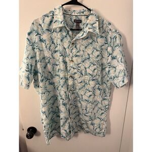 Van Heusen Mens XL Tropical Palm Leaf Print Short Sleeve Button Down Shirt Blue